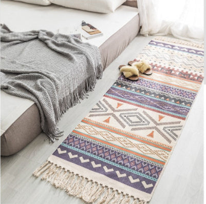 Hand Woven Cotton Linen Bohemian Rug Long Geometric Floor Accessory