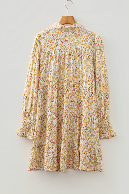 Floral Frilly Trim Smocked Cuff Dress