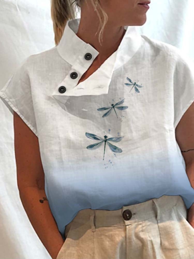 Casual Stand Collar Short Sleeve Digital Print Top