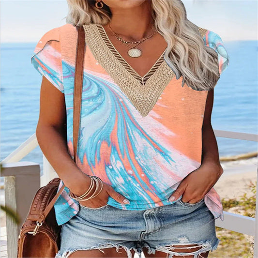 European And American Summer Lace Edge V-neck Printed Casual T-shirt Top