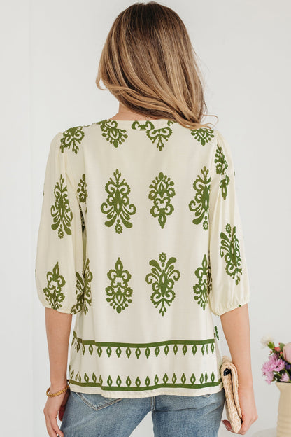 Tie V-Neck Puffy Half Sleeve Shirt