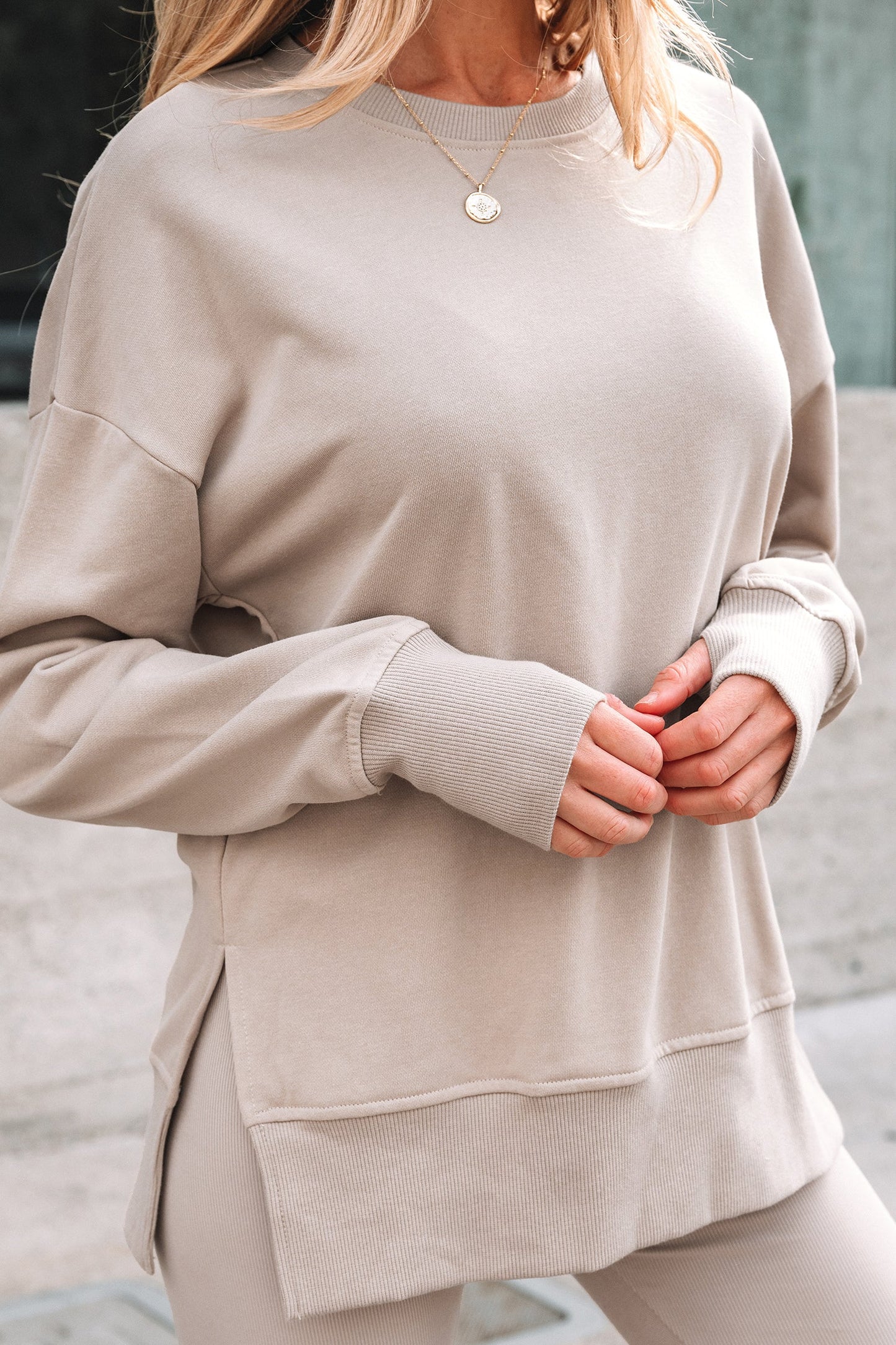 Solid Side Slit Sweatshirt and Leggings Set