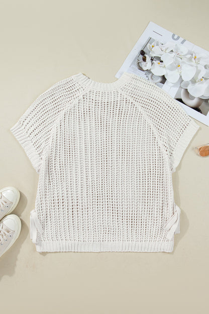 Plus Size Crochet Bow Tie Short Sleeve Sweater