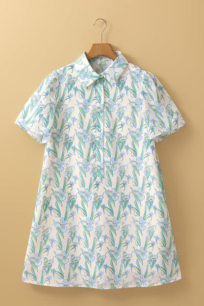 Floral Shirtcollar Button Short Sleeve Shift Dress