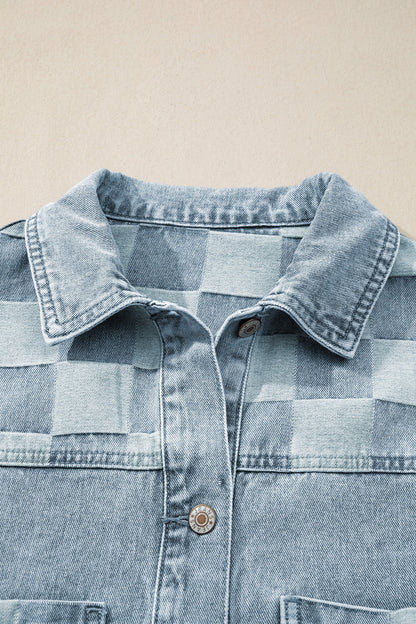Denim Checkered Patchwork Womens Casual Jacket