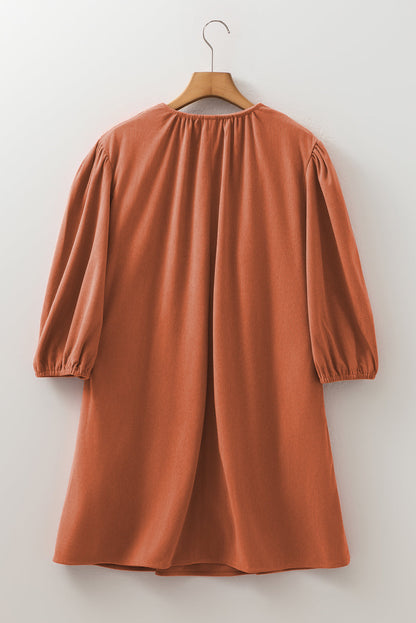 Corduroy Pleated Scallop Neck 3/4 Sleeve Mini Dress