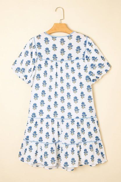 Floral Puff Sleeve Tied Neck Pocket Mini Dress