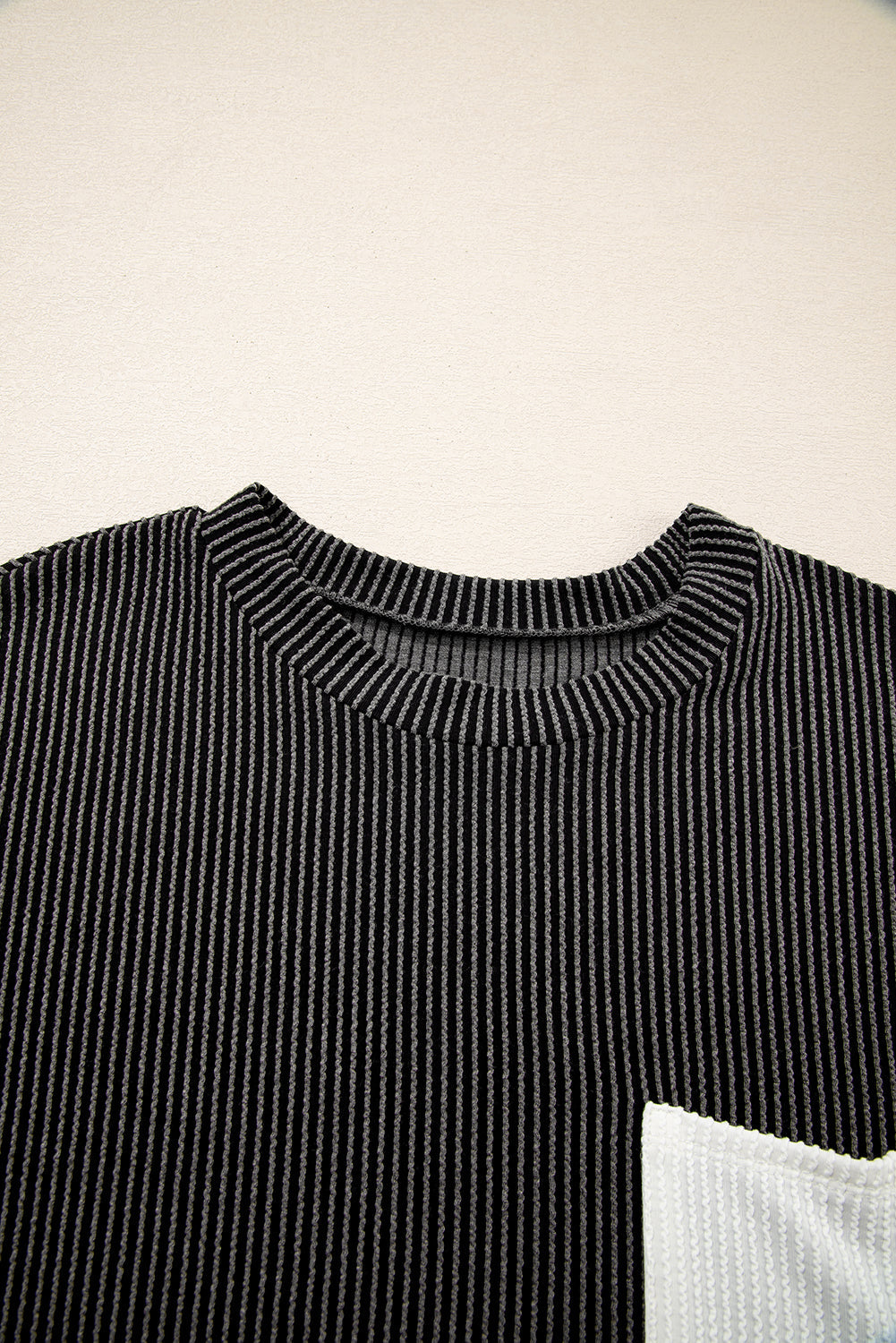 Corded Knit Colorblock Pocketed Crew Neck T-Shirt