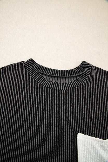 Corded Knit Colorblock Pocketed Crew Neck T-Shirt