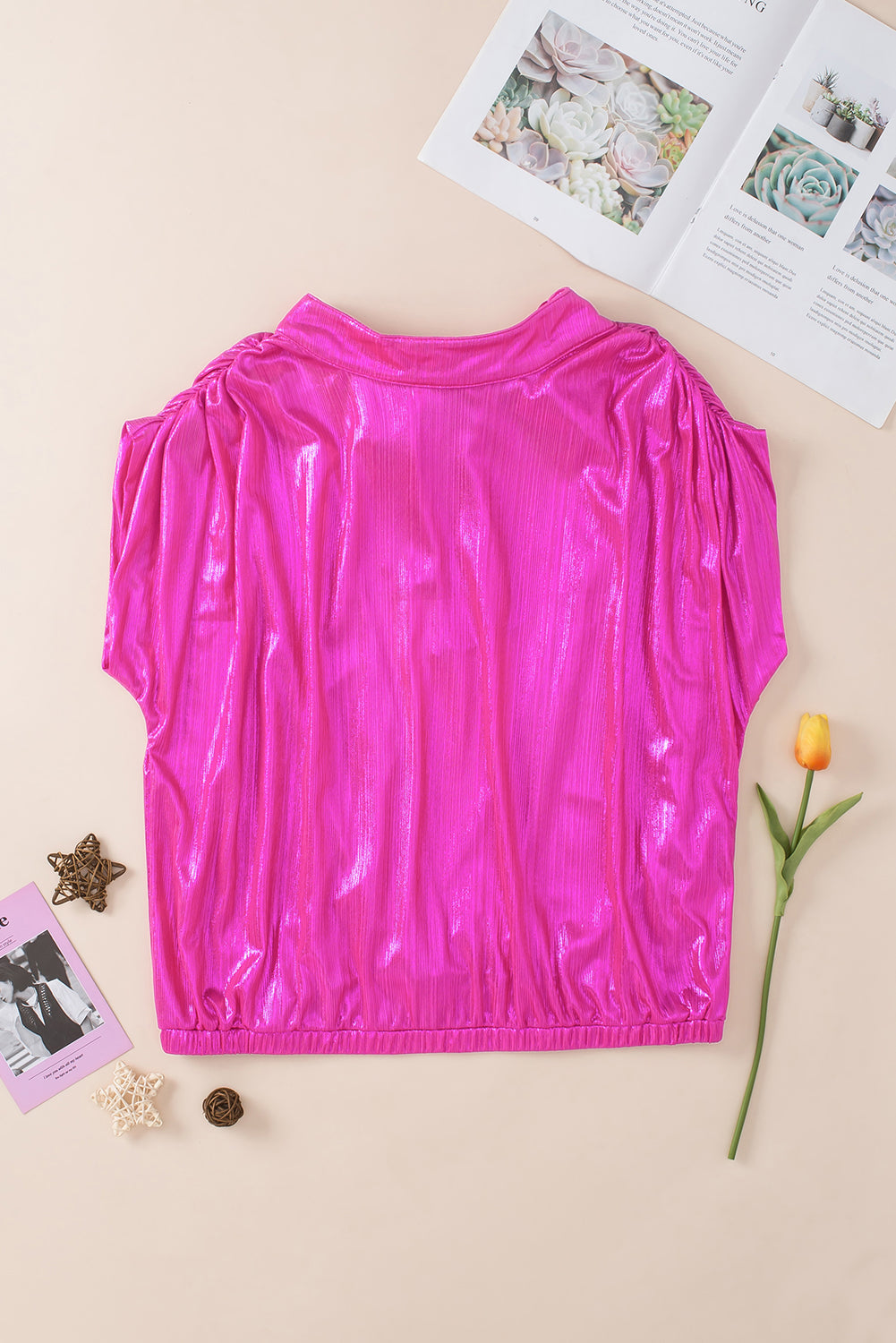 Ruched Sleeve Knotted Backless Blouse
