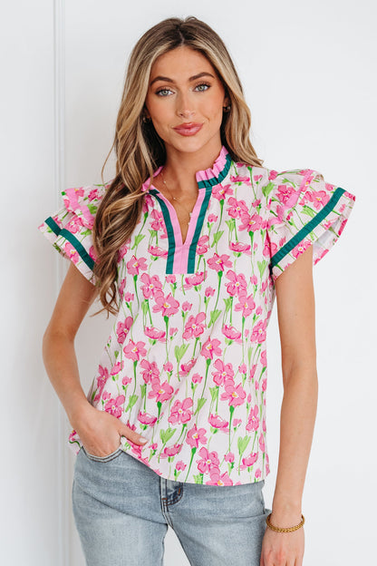 Contrast Trim V-Neck Ruffle Short Sleeve Blouse