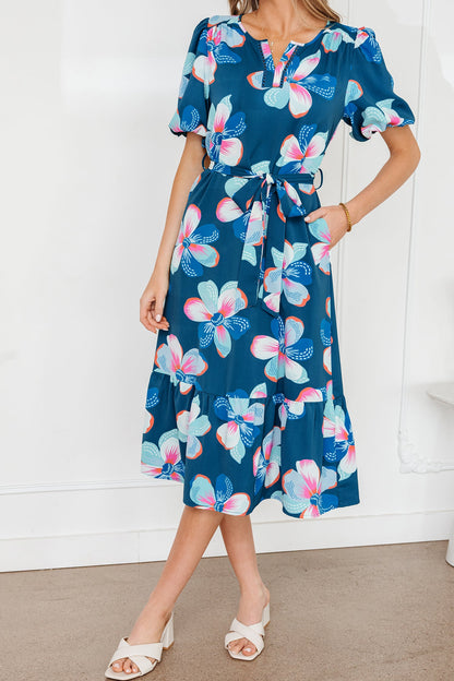 Floral Short Puff Sleeve Ruffle Belted Dress
