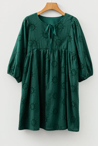 Solid Embroidered Eyelet 3/4 Sleeve Mini Dress