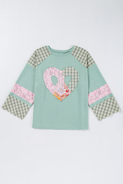Valentine Heart Plaid Floral Patchwork Long Sleeve Top