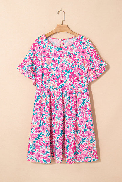 Plus Size Floral Frilled Short Sleeve Mini Dress