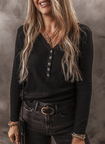 Solid Ribbed V-Neck Buttoned Long Sleeve Top