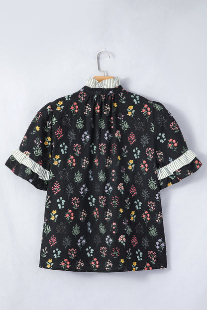 Floral Contrast Frill Trim Short Sleeve Shirt