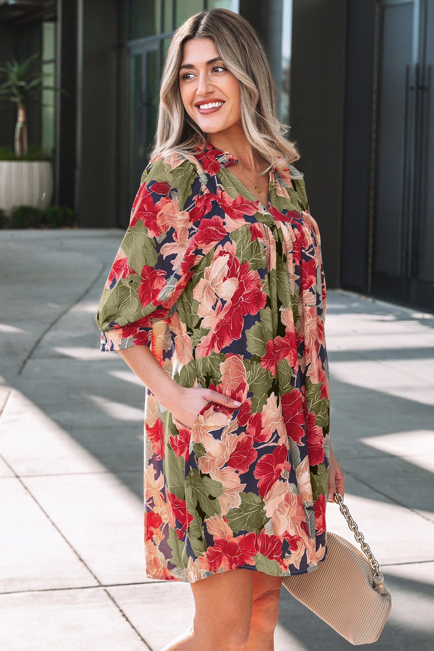 Floral Frill Collar V-Neck Half Sleeve Dress