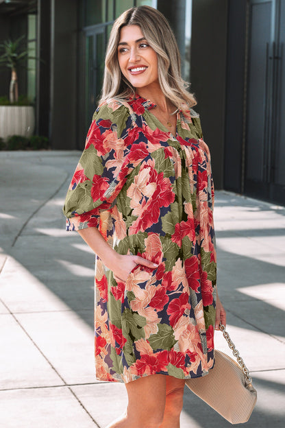 Floral Frill Collar V-Neck Half Sleeve Dress