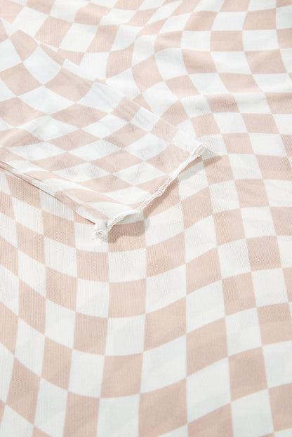 Checker Mesh Mock Neck Long Sleeve Top