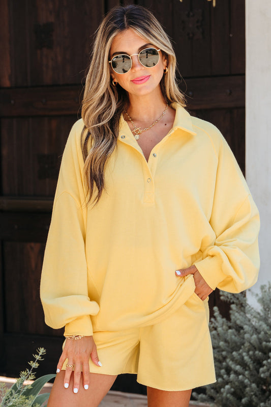 Button Collar Pullover and Casual Shorts Set