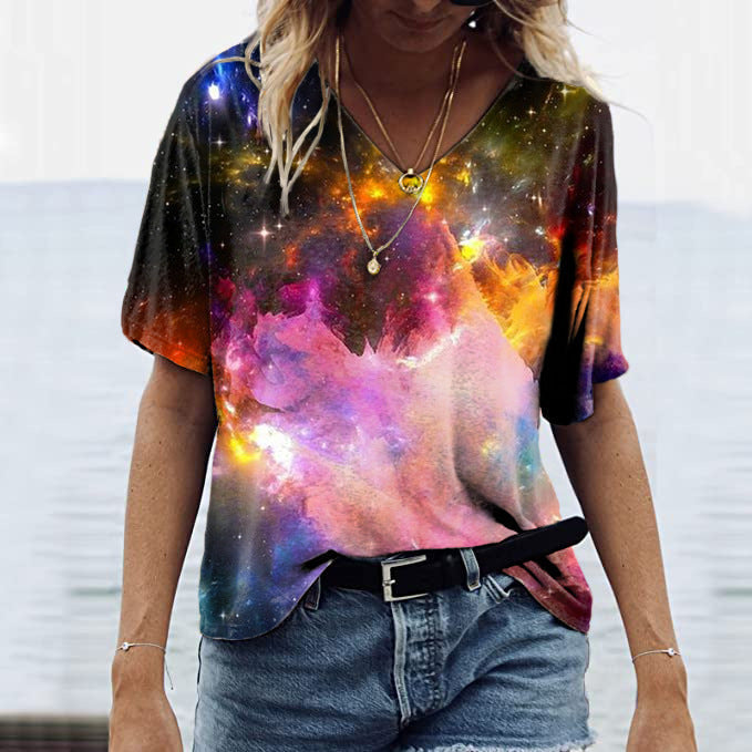 Cross-Border 3D Printed Loose V-Neck T-shirt for Women