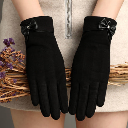 Fleece-Lined Suede Bow Touch Screen Gloves