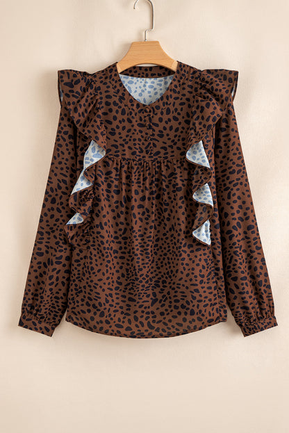 Leopard Ruffle Puff Sleeve Blouse