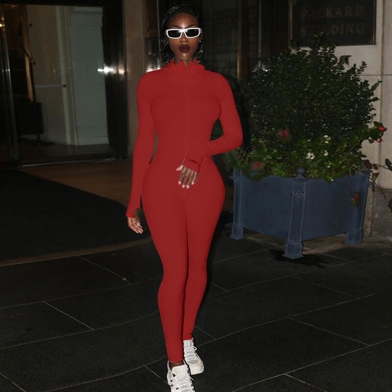 Women's Zipper Stretch Turtleneck Slim Fit Fitness Jumpsuit