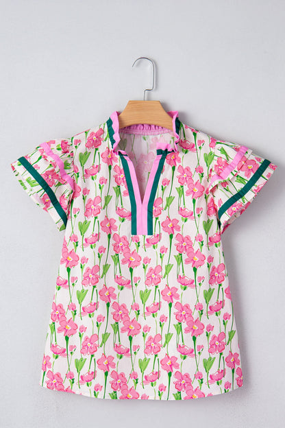 Contrast Trim V-Neck Ruffle Short Sleeve Blouse