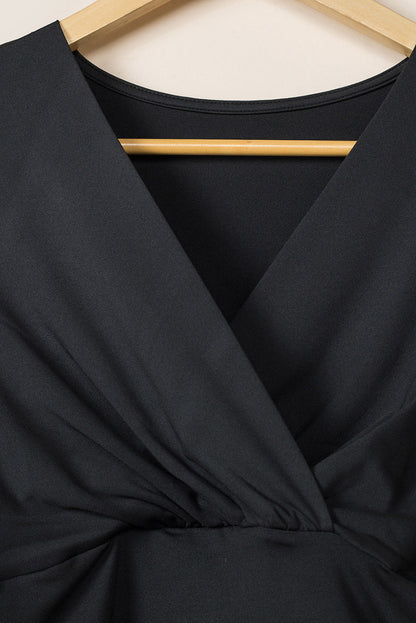 Solid Ruched Wrap V-Neck Midi Dress