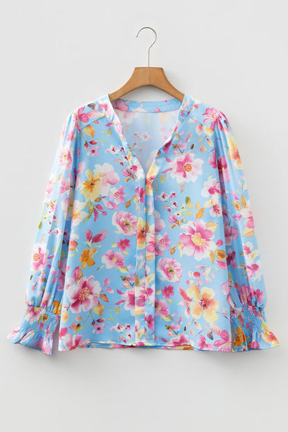 Floral Smocked Long Sleeve V-Neck Blouse