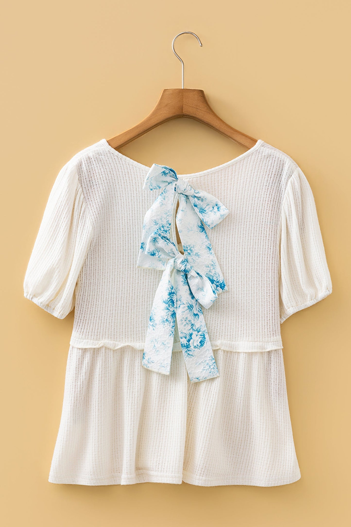 Textured Knit V-Neck Bubble Sleeve Peplum Top