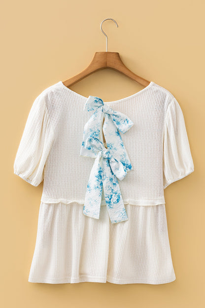 Textured Knit V-Neck Bubble Sleeve Peplum Top