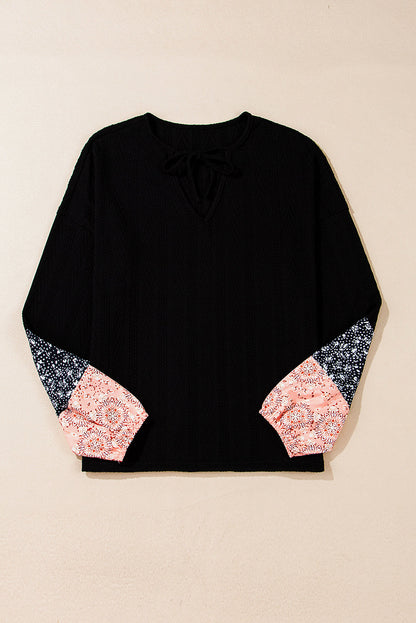 Floral Patchwork Textured Knit V-Neck Blouse