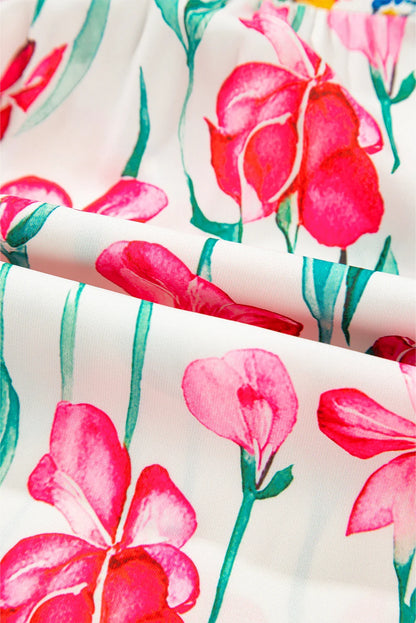 Floral Stripe Detail Split Neck Short Sleeve Blouse