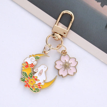 Cute Moon Rabbit Cherry Blossom Keychain