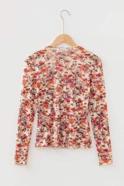 Floral Mesh Lettuce Trim Long Sleeve Top
