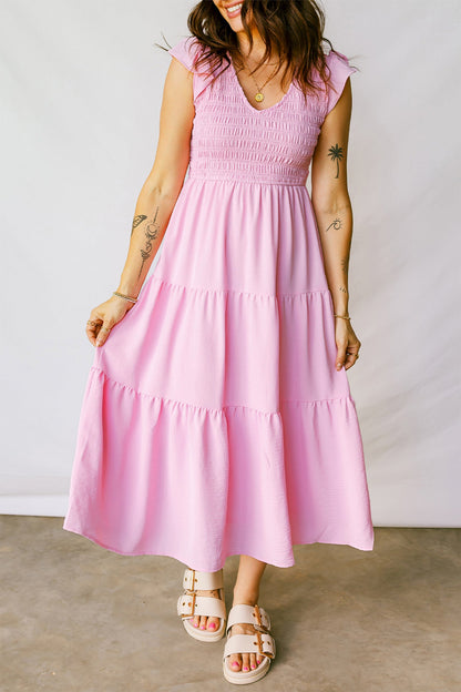 Smocked Bodice Flutter Sleeve Tiered Midi Dress