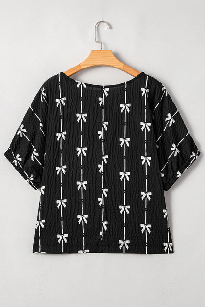 Bow Textured Puff Sleeve Top