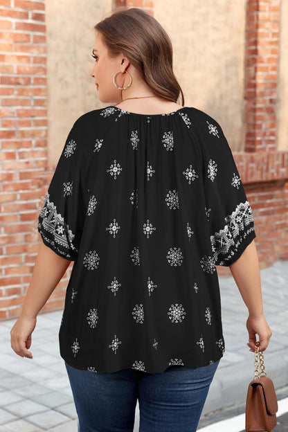 Plus Size Floral Boho Chic Notch V-Neck Top