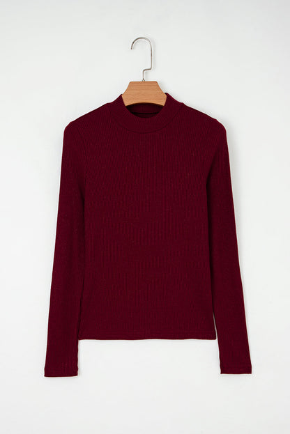 Solid Metallic Ribbed Knit Long Sleeve Top