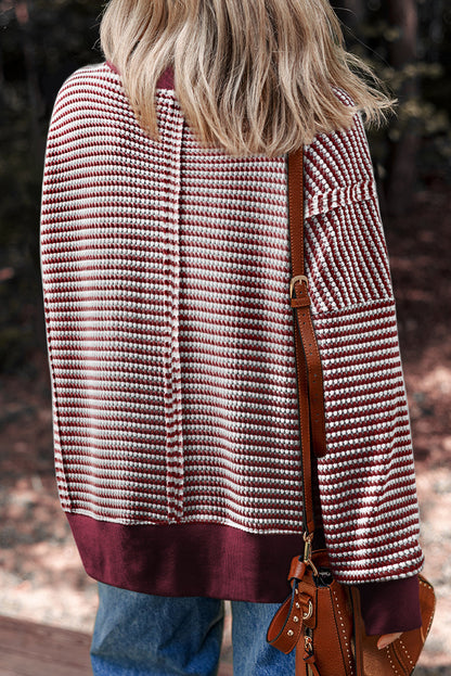 Stripe Ribbed Trim Drop Shoulder Top