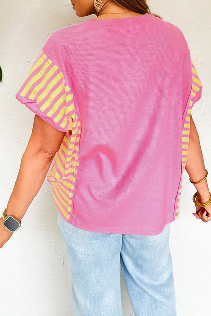 Stripe Patchwork Waffle Knit Loose T-Shirt