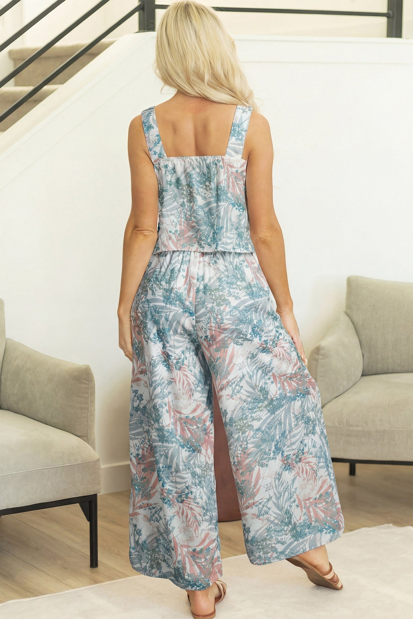 Tropical Palm Crop Tank & Wide-Leg Pants Set