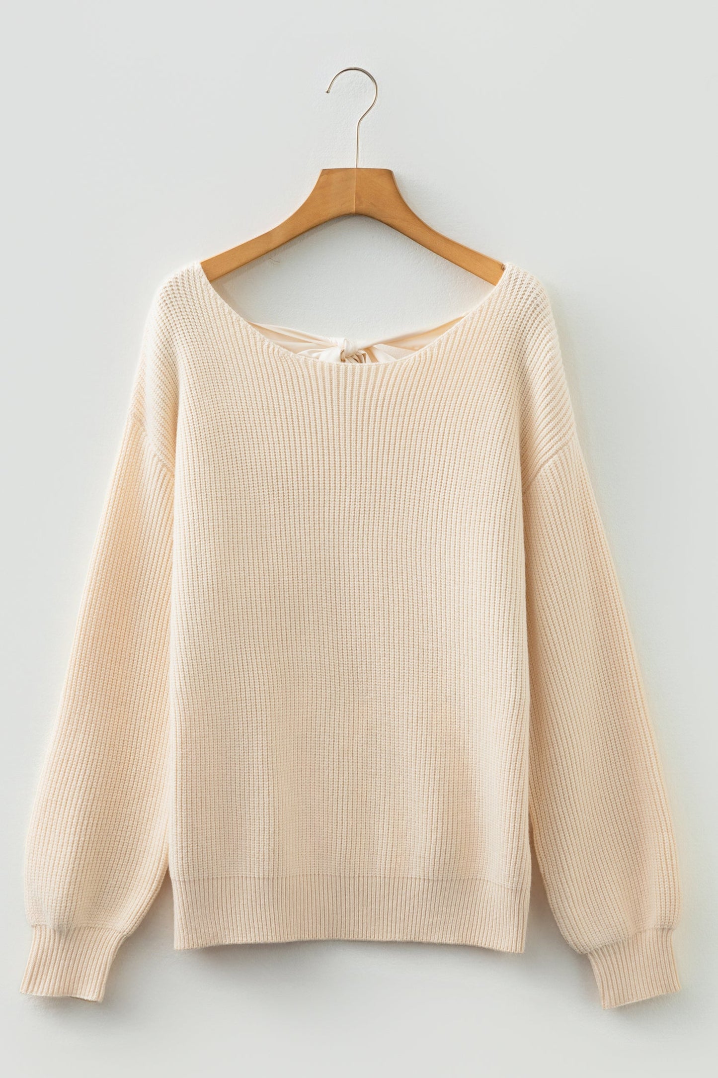 Ribbon Knot Backless Drop Shoulder Ribbed Sweater