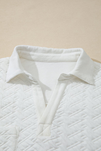 Textured Knit Collared V-Neck Pullover Sweatshirt