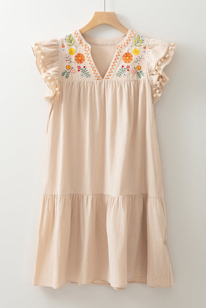 Linen Embroidery Pom Pom Ruffle Dress