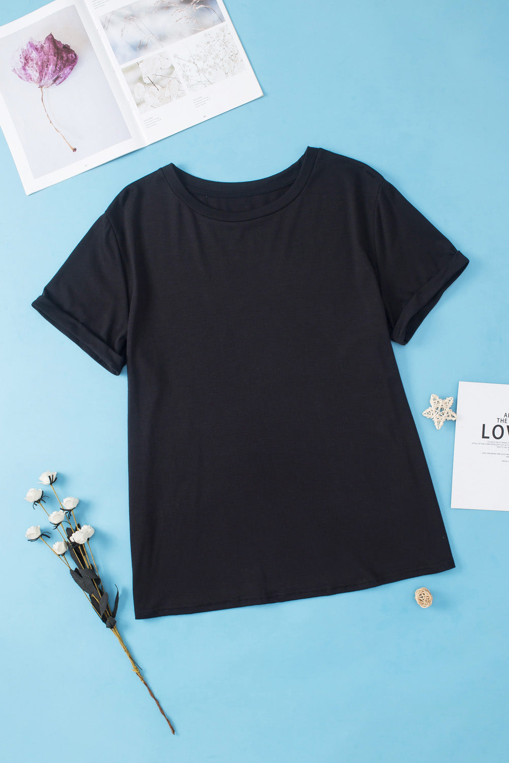 Plus Size Round Neck Roll Sleeve T-shirt