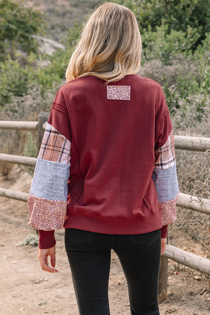 Plaid Patchwork Long Sleeve Raw Seam Sweatshirt